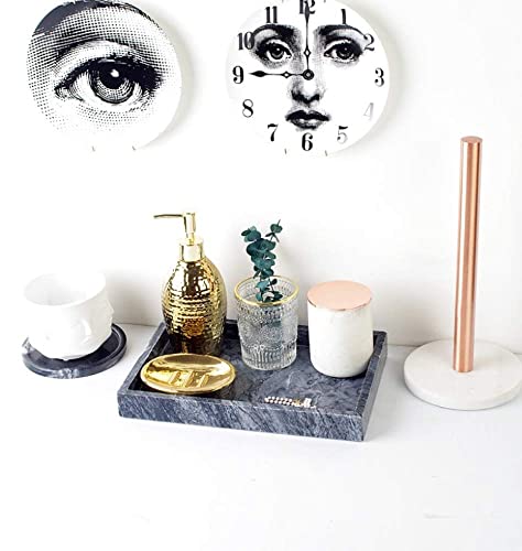 Noble Natural Marble Tray For Desktop/Kitchen/Vanity/Bathroom, Stone Organizer Tray For Coffee Table, Plate Holder For Tissues, Candles, Soap, Towel, Plant (Bright Black, Large 12“ X 8”) #TOP6