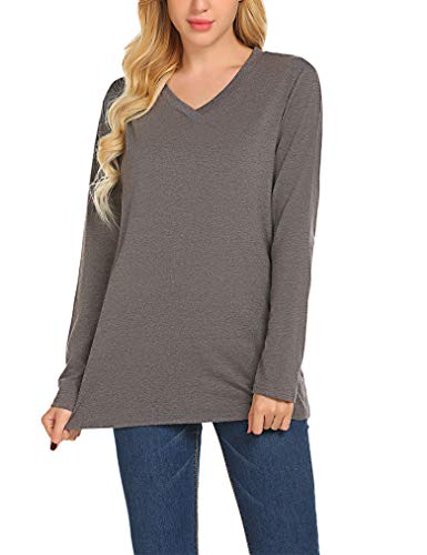 Qearal Womes Loose V Neck Blouse Solid Tees Shirts Long Sleeve Tops Plus Size (XXL, Dark Grey)