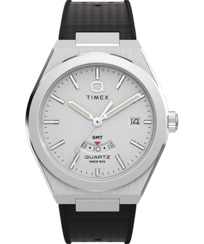 Timex Men'S Q Continental Gmt 39 Mm Watch - Black Synthetic Rubber Strap With Silver-Tone Dial And Stainless Steel Case Tw2Y12200