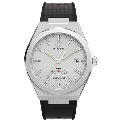 Timex Q Continental GMT 39 mm Herenhorloge - zwarte synthetische rubberen band met zilverkleurige wijzerplaat en roestvrijstalen kast TW2Y12200