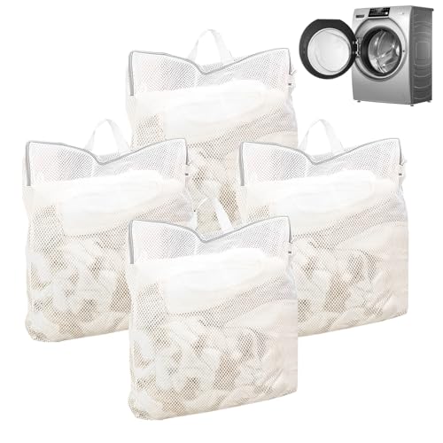 4 pezzi rete per la biancheria per lavatrice, 50 x 60 cm, sacco per la biancheria, grande con manico, riutilizzabile, per cappotti delicati, camicette, reggiseno, ecc. (bianco)