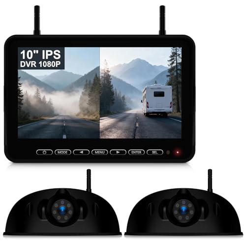 Image of Fookoo 1080P 10 inch Wireless RV Backup Camera System for Furrion Pre-Wired RV Truck Trailer, 10 inch HD IPS Monitor & 2 Rear View Cameras, Dual Split Screen IR Night Vision Recording Waterproof - D10Y2
