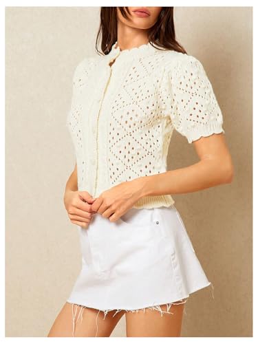 Verdusa Women's Puff Short Sleeve Button Down Cardigan Scalloped Hollow Out Crochet Sweater3