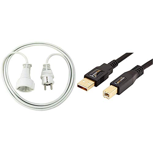 Qualitäts- Kunststoff-Verlängerungskabel mit Schutzkontakt-Stecker und -Kupplung weiß & AmazonBasics USB 2.0-Druckerkabel A-Stecker auf