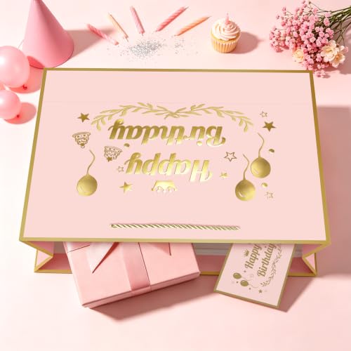 Image of JMANNI Pink Gold Happy Birthday Gift Bag with Card and Tissue Paper, 12.6 inchx8.66 inchx3.9 inch Elegant Present Bag for Men Women, Year Old Birthday Keepsake Party Supplies