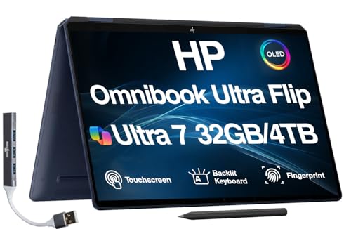 Image of HP Omnibook Ultra Flip Creator 2-in-1 Laptop 14.0 inch Touchscreen OLED 2.8K Display (Intel Ultra 7-258V, 32GB LPDDR5X, 4TB PCIe SSD, Active Pen, Backlit KB, Win 11 Home) w /DKZ USB Port Expander