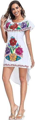Image of YZXDORWJ Women's Mexican Asymmetrical Dress Embroidered Floral Off-Shoulder Cocktail Latina Fiesta Dress