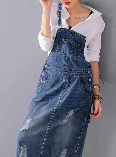 Image of Yoeasy Women's Distressed Denim Overall Dress - Adjustable Strap Pinafore A-Line Mid Long Jean Bib