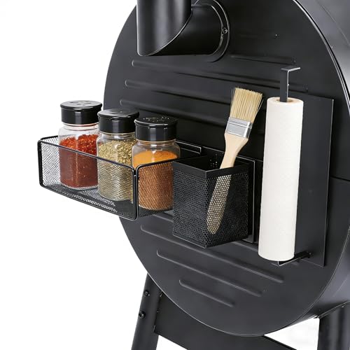 Qinpufu 3-in-1 Magnetic Storage Bin for Pellet Grills - Pellet Storage Container with Paper Towel Holder and Tool Hooks, Universal Side Table Organizer for Most 22-34 Inch Wood Pellet Grill Models