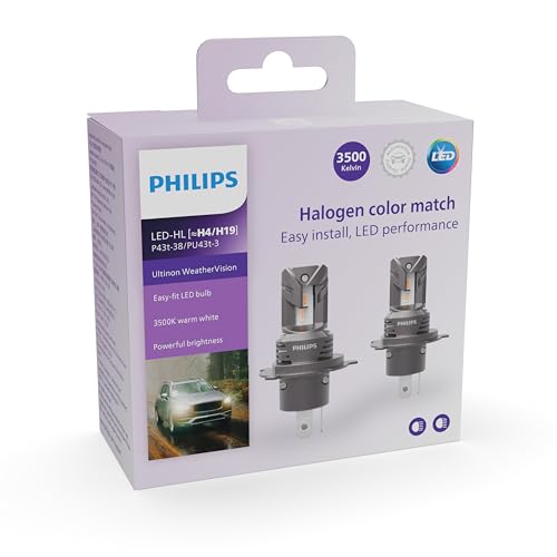 Image of Philips WeatherVision LED car headlight bulb (H4 /H19), ultra-compact direct-fit, Halogen color match, easy install, LED performance, 3500K, set of 2