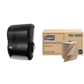 Tork Hand Towel Roll Dispenser, Smoke, H21, Lever Auto Transfer, Push-Down Handle, High-Capacity, Translucent, 84TR & Paper Hand Towel Roll Natural H21, Universal, 100% Recycled Fiber