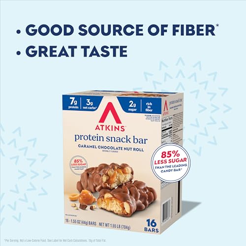 Image of Atkins Caramel Chocolate Nut Roll Snack Bar, Protein Snack , 7g Protein, 2g Sugar, High Fiber Snack, 16 Count