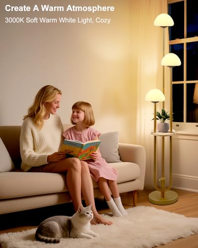 Image of Gold Dimmable Floor Lamp with Table, Modern Floor Lamps with Mushroom Shades for Living Room, 3000K Warm White Tall Standing Lamp with Bulbs& 5Lbs Heavy Base for Bedroom /Office