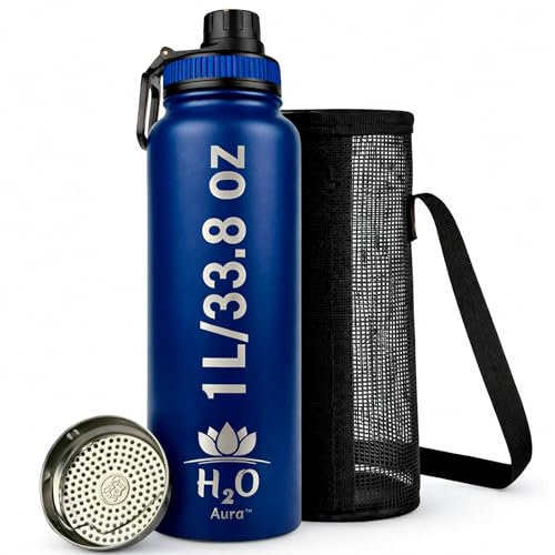 Image of Premium 1 Liter Water Bottle (33.8 oz) with Carrying Case & Strap - Double Wall Vacuum Insulated Stainless Steel Water Bottle - Leakproof Lid, Wide Mouth, BPA-Free, Removable Strainer - Blue