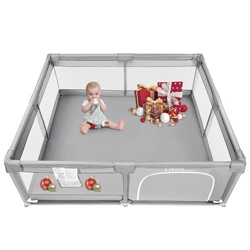 LIVINGbasics - LIVINGbasics Baby Playpen, 73''x61'' Extra Large Playard Play Activity Center with Door Breathable Mesh Indoor/Outdoor