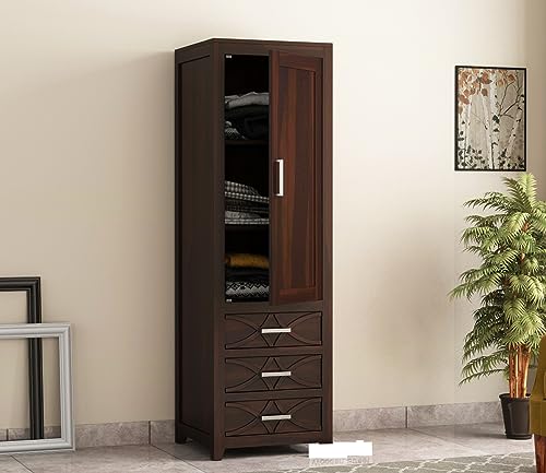 Image of Sheesham Wood Wooden Single Door Wardrobe Organizer for Clothes | - Solid Wood Almirah with 3 Drawers, 3 Shelves - Cupboard for Large Bedroom (Design 12)