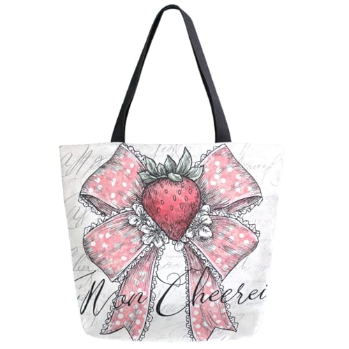 Peystean Fashion Sweet Cute Strawberry in Bow Extra Large Casual Shoulder Tote,Men Women Canvas Daily Reusable Handle Bag for Gym Yoga Weekender Grocery Beach Travel Shopping