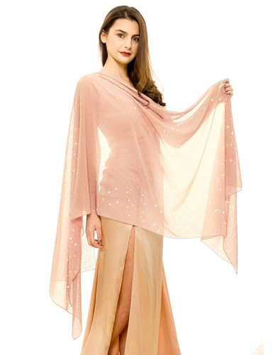 REEMONDE Womens Rhinestones Pashmina Shawls and Wraps for Evening Dresses Chiffon Shawl Sparkly Scarf (Nude Pink)