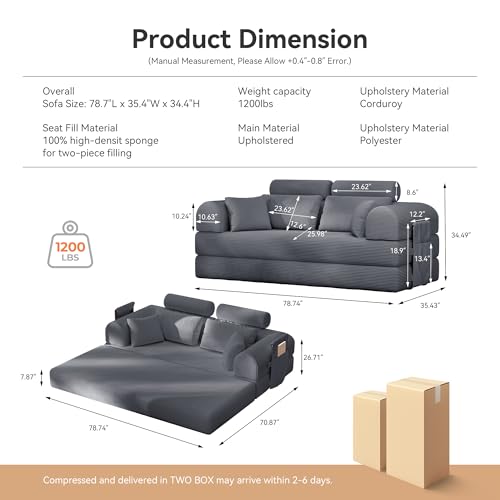 Image of Upgrade High Backrest Design Sofa Bed with Fixed-Shape Frame & Removable Armrests and Backrest, Corduroy Fabric, Convertible Couch for Small Spaces - No Assembly Needed (Dark Gray)