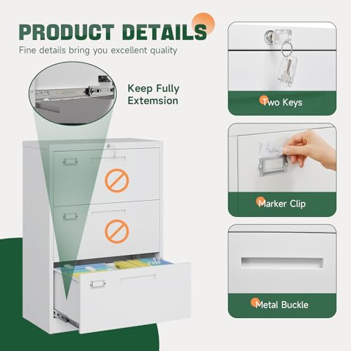 Image of Letaya 3 Drawer File Cabinets with Lock,Metal Lateral Filing Storage Cabinet Printer Stand,White Steel Home Office Cabinet for Hanging Files Letter /Legal /A4 Size (White, H39.84xW28.35xD15.74)