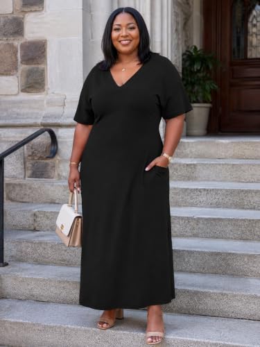 Image of PinkPatty Women's Plus Size Short Sleeve Maxi Dress Casual Loose V Neck Long Dress with Pockets