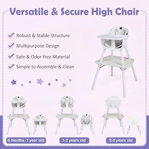 Image of HONEY JOY 5-in-1 High Chair, Convertible Highchair for Babies and Toddlers /Kids Chair Table Set /Infant Feeding Chair w /Safety Harness, PU Leather Cushion & Removable Food Tray (White)