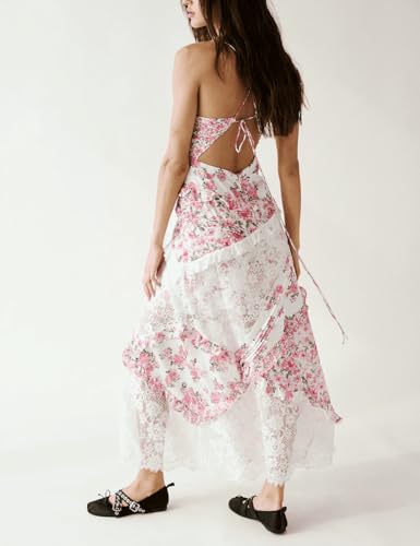 Image of SOOKABEILA Women Y2k Boho Maxi Dress Floral Lace Sheer Tiered Flowy Cami Long Dress 2025 Summer Smocked Beach Sundress