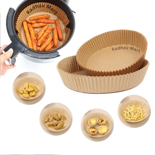 Image of 100 Pcs Air Fryer Paper Sheets | Disposable Air Fry Liners | Oil-Proof Non-Stick Parchment Paper for Air Fryer | Microwave, Roasting & Baking (Round)