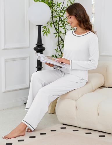 Image of KCW Womens Pajamas Sets 100% Cotton 2 Piece Lounge Set Long Sleeve Tops and Pants Soft Pjs Sleepwear with Pockets