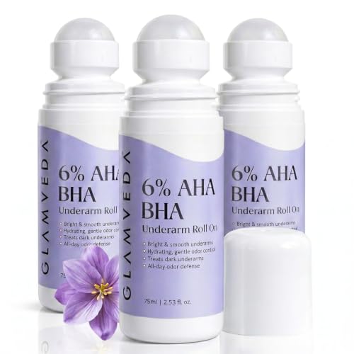 Image of Glamveda 6% AHA BHA Underarm Roll On for Dark Underarms | Brightening & Exfoliating Formula | Long-Lasting Odor Control | Niacinamide & Panthenol Hydration | Smooth Skin | 75ml | Pack of 3