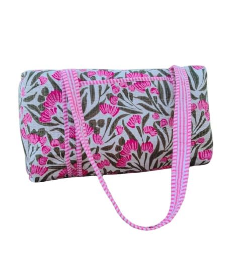 Indian Block Print Quilted Bag, Decorative Floral Print Weekender Bags, Beautiful Colorful Travel Overnight Bags, Large Size Handmade Cotton Quilted Duffle Bags For Women Gifts