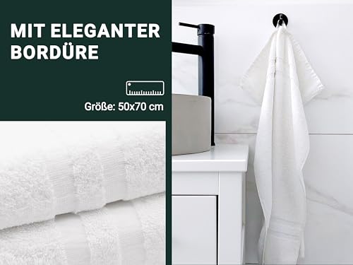 ZOLLNER 6er Set Handtücher in 50x70 cm - Flauschige Badetücher aus Baumwolle - mit moderner Streifenbordüre - waschbar bis 95°C - mit praktischem Aufhänger - in weiß - Hotelqualität