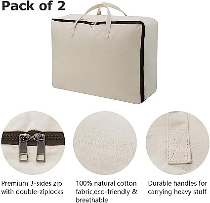 Image of TAKIVA Cotton Canvas Foldable Bed Storage Organizer Pack Of 2 | Quilt Storage Bags Big Size, Blanket Storage Of Extra Large, Underbed Storage Bag For Clothes (60 X 45 X 22 Cm), Off-White