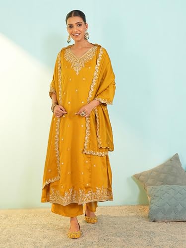 Image of Naixa Women's Vichitra Silk Embroidered A-Line Kurta with Pant and Dupatta Sets (NX-845)