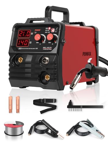 PDMAX Soldador MIG digital de 140 A, 110/220 V de doble voltaje IGBT, máquina de soldadura de alambre con núcleo de flujo sin gas, compatible con soldadura MIG sin gas
