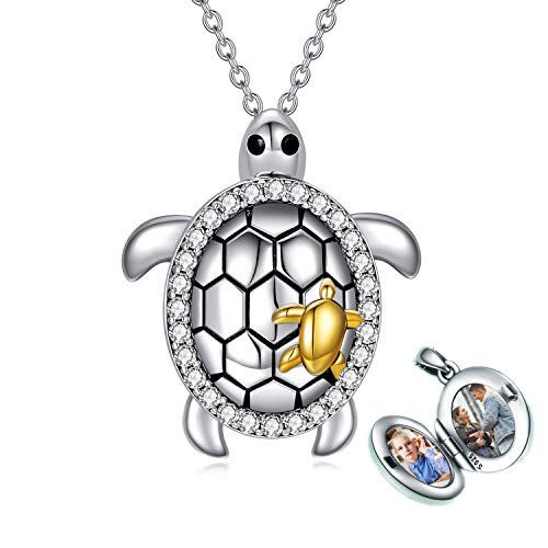 Sea Turtle Locket Necklace Personalized Sterling Silver Mother and Child Turtle Locket That Holds Pictures Animal Jewelry Gift for Women Mom (Turtle Necklace)