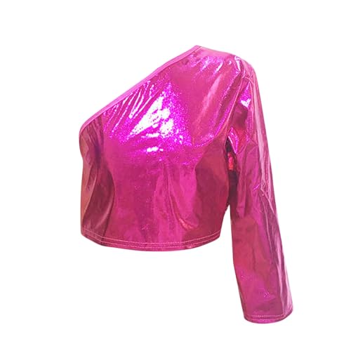 Girls One Shoulder Metallic Shirts Party Glitter Sparkly Crop Tops Long Sleeve Blouse for Dancing 3-16 Years3