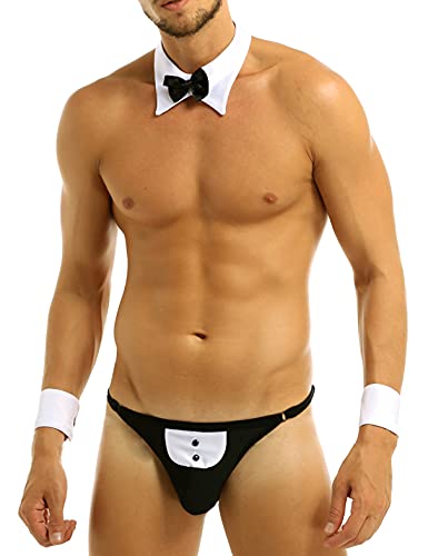 YiZYiF Conjunto de lingerie homens fantasia de empregado sexy cuecas boxer Slip anga G-String fato cavalheiro pijama roupa erótica preto e branco M