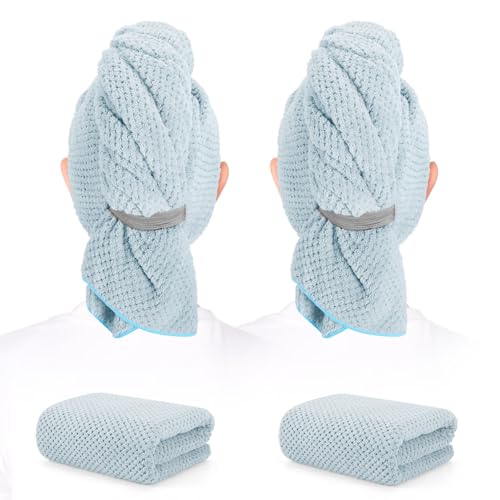 Image of 2 Pack Microfiber Hair Towel - 41 x 24 inches Super Soft, Absorbent, Fast Drying Without Frizz Hair Towel Wrap for Women Long, Thick, Curly Hair - Hair Turbans with Elastic Strap