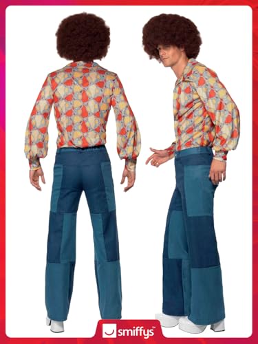 Smiffys 70er Retro Kostüm, Hemd und Patchwork-Denim-Hose Halloween