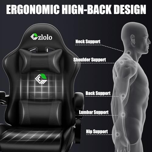 Image of Czlolo Gaming Chair with Footrest Racing Style Lumbar Support Massager Video Game Chair with Metal Legs, High Back Gamer Chair with Headrest, 360 Swivel Office Computer Desk Chair (Black)