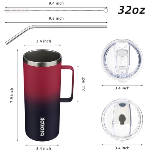 Image of BJPKPK 32oz Insulated Coffee Mug with Handle, Stainless Steel Travel Mug | Keeps Drinks Hot & Cold, Double Wall Vacuum, 2 Lids Included, BPA-Free Coffee Tumbler for Home, Office & Travel