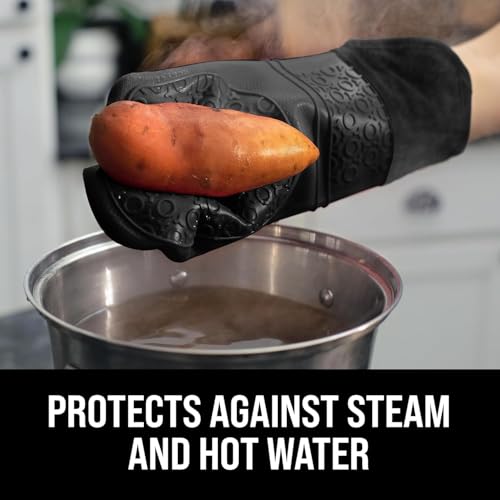 Image of BPA-Free Silicone Oven Mitts Ultra Heat Resistant up to 500F - Oven Mitts with Thick Cotton Liner - Long Slip Resistant Pot Holders, Flexible Oven Gloves - Black 14.7