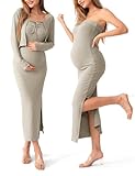 SUNNYBUY Baby Shower Maternity Tube Dress Short Cardigan Bodycon Ribbed Maxi Dress Casual 2 Piece Pregnancy Outfit Set, Taupe L