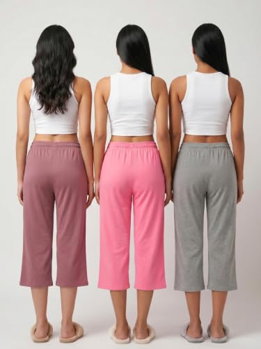 Image of Fflirtygo Women's Cotton Plain Calf Length Capri | Nightwear Pajama | 3 /4th Solid Pyjama Pant | Black Navy and Lavender Lounge Pants | Casual wear & Lounge Wear Capri Combo (Pack of 3)