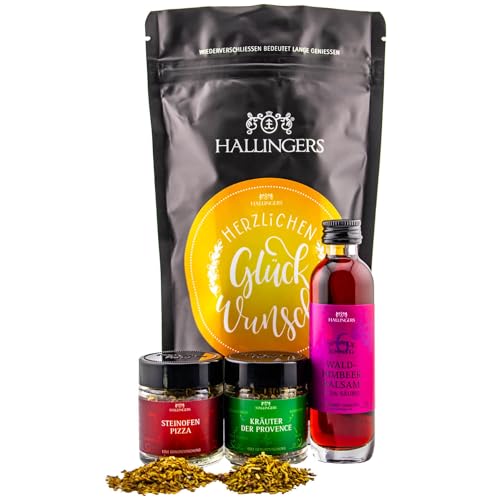 Hallingers Glückwünsche Wundertüte Geschenkset Pizza, Kräuter Gewürz & Himbeer-Balsam Essig - zum Feiern - Made in Germany