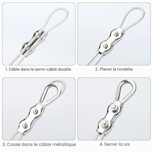 Nadisean 10 Pièces Serre Cable Acier 5mm + 10 Pièces Câbles Cosses, Serre Cable Inox, Serre-Câbles Duplex, Pinces De Câble Métalliqu en Acier Inoxydable 304 Pour Cable Acier 3-4mm, Corde à Linge – vue 5