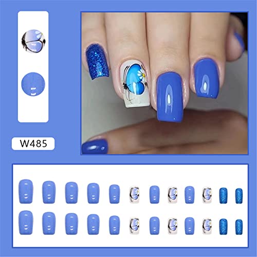 Votacos Press On Nails Short Square Fake Nails Blue False Nails With Butterfly Design Glossy Stick On Nails For Women 649 #TOP2