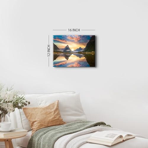 Image of Nature Mountain Canvas Wall Art Sunrise Forest Picture Wall Decor Lake Reflection Scenery Paintings Prints, Mountains Poster Photography Artwork for Office Living Room Bedroom Home Decoration 12x16 inch