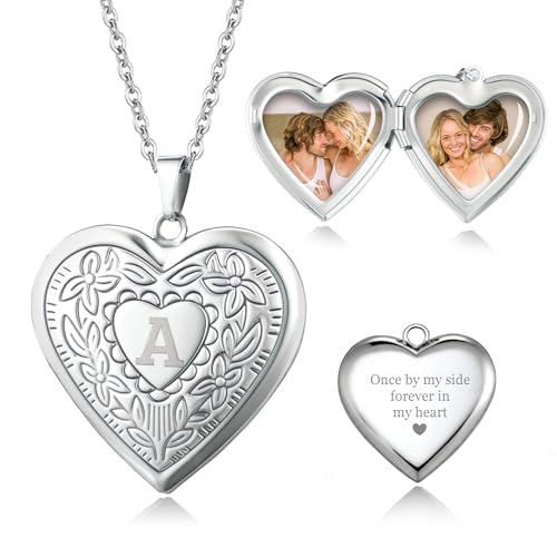 Easycosy Custom Photo Locket Necklace for Women, Stainless Steel Heart Pendant Holds Pictures...